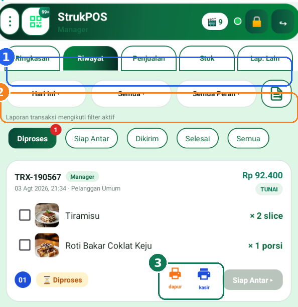 Riwayat: status pesanan Diproses/Siap Antar/Selesai